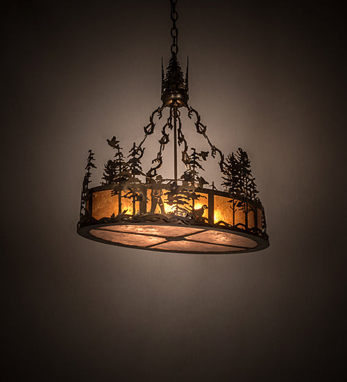 Meyda Lighting Quail Hunter With Dog 30" 8-Light Dark Burnished Antique Copper Island Pendant Light With Amber Mica & Silver Mica Shade Glass