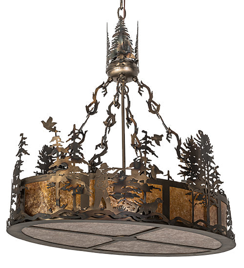 Meyda Lighting Quail Hunter With Dog 30" 8-Light Dark Burnished Antique Copper Island Pendant Light With Amber Mica & Silver Mica Shade Glass