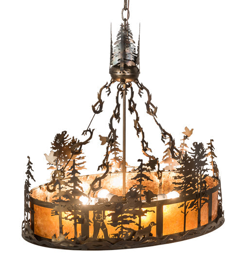 Meyda Lighting Quail Hunter With Dog 30" 8-Light Dark Burnished Antique Copper Island Pendant Light With Amber Mica & Silver Mica Shade Glass