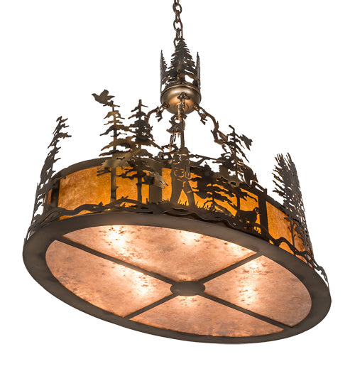 Meyda Lighting Quail Hunter With Dog 30" 8-Light Dark Burnished Antique Copper Island Pendant Light With Amber Mica & Silver Mica Shade Glass