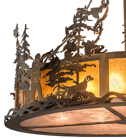 Meyda Lighting Quail Hunter With Dog 30" 8-Light Dark Burnished Antique Copper Island Pendant Light With Amber Mica & Silver Mica Shade Glass
