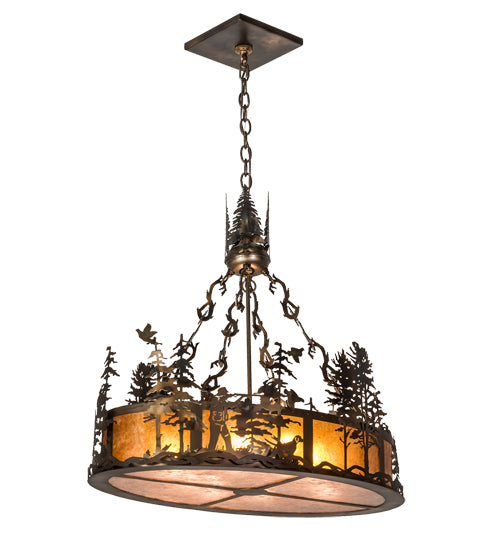 Meyda Lighting Quail Hunter With Dog 30" 8-Light Dark Burnished Antique Copper Island Pendant Light With Amber Mica & Silver Mica Shade Glass