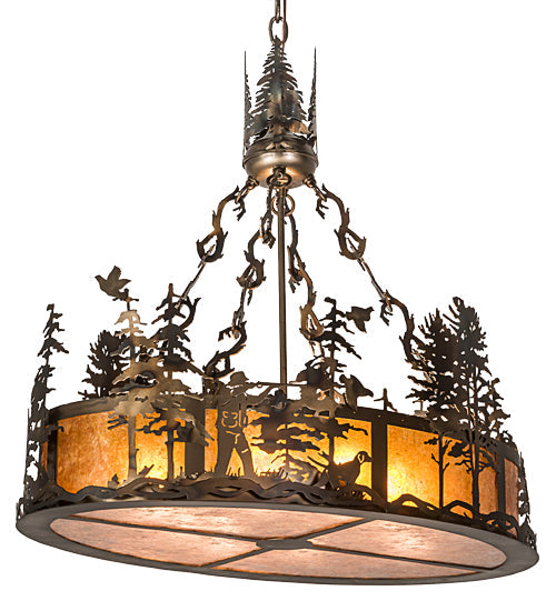 Meyda Lighting Quail Hunter With Dog 30" 8-Light Dark Burnished Antique Copper Island Pendant Light With Amber Mica & Silver Mica Shade Glass