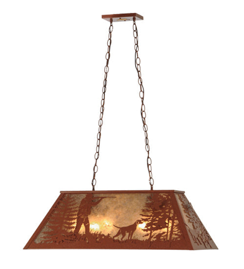 Meyda Lighting Quail Hunter With Dog 33" 6-Light Rust Powder Coat Island Pendant Light With Silver Mica Shade Glass