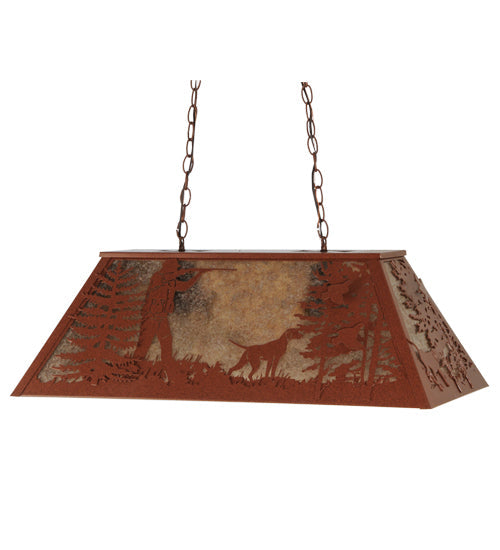 Meyda Lighting Quail Hunter With Dog 33" 6-Light Rust Powder Coat Island Pendant Light With Silver Mica Shade Glass