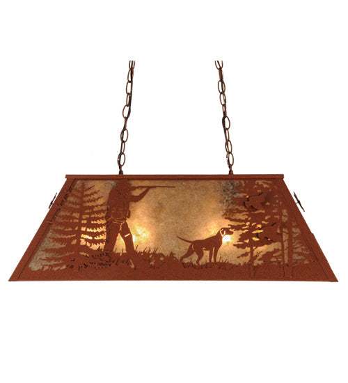 Meyda Lighting Quail Hunter With Dog 33" 6-Light Rust Powder Coat Island Pendant Light With Silver Mica Shade Glass