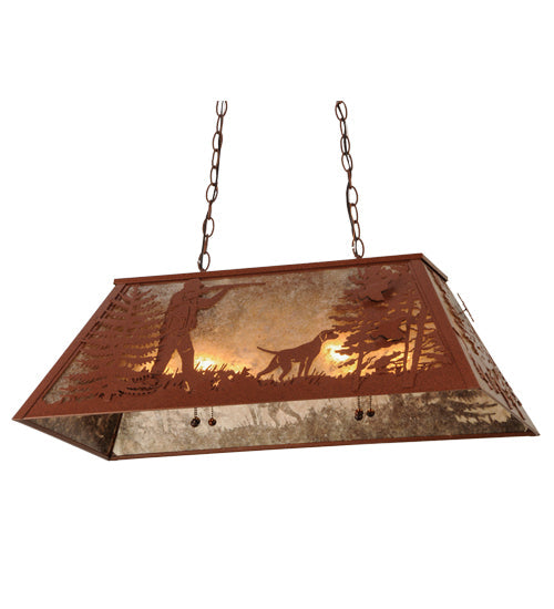 Meyda Lighting Quail Hunter With Dog 33" 6-Light Rust Powder Coat Island Pendant Light With Silver Mica Shade Glass