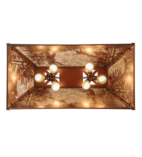 Meyda Lighting Quail Hunter With Dog 33" 6-Light Rust Powder Coat Island Pendant Light With Silver Mica Shade Glass