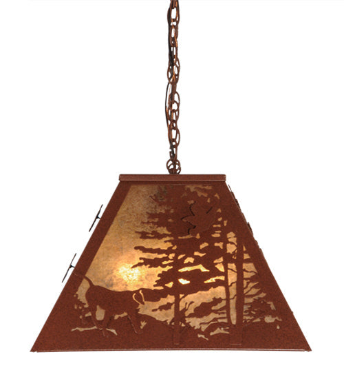 Meyda Lighting Quail Hunter With Dog 33" 6-Light Rust Powder Coat Island Pendant Light With Silver Mica Shade Glass