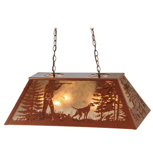 Meyda Lighting Quail Hunter With Dog 33" 6-Light Rust Powder Coat Island Pendant Light With Silver Mica Shade Glass