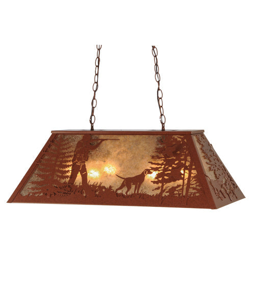 Meyda Lighting Quail Hunter With Dog 33" 6-Light Rust Powder Coat Island Pendant Light With Silver Mica Shade Glass