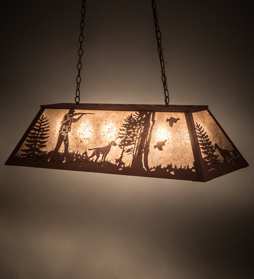 Meyda Lighting Quail Hunter With Dog 42" 6-Light Rust Island Pendant Light With Silver Mica Shade Glass