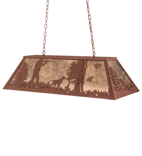 Meyda Lighting Quail Hunter With Dog 42" 6-Light Rust Island Pendant Light With Silver Mica Shade Glass