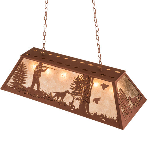 Meyda Lighting Quail Hunter With Dog 42" 6-Light Rust Island Pendant Light With Silver Mica Shade Glass