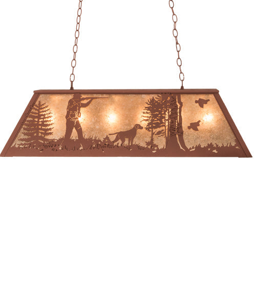Meyda Lighting Quail Hunter With Dog 42" 6-Light Rust Island Pendant Light With Silver Mica Shade Glass