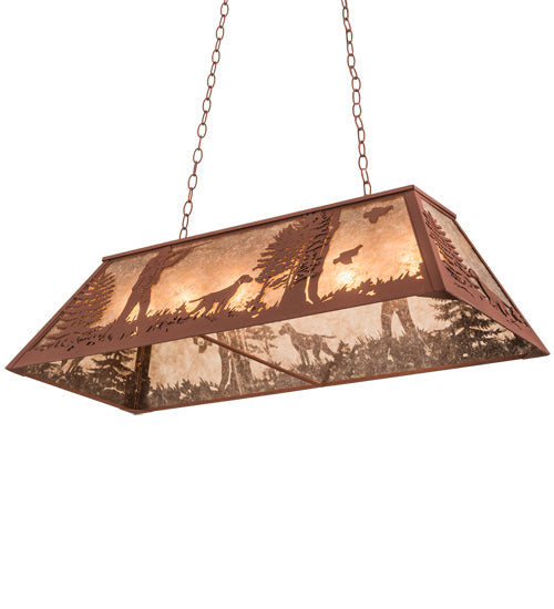 Meyda Lighting Quail Hunter With Dog 42" 6-Light Rust Island Pendant Light With Silver Mica Shade Glass