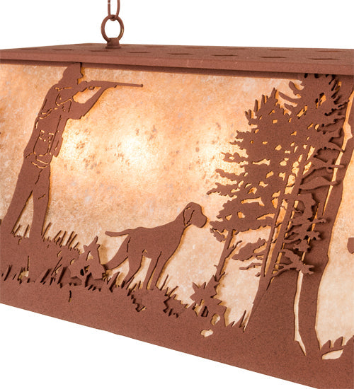 Meyda Lighting Quail Hunter With Dog 42" 6-Light Rust Island Pendant Light With Silver Mica Shade Glass