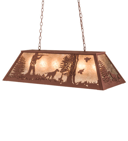 Meyda Lighting Quail Hunter With Dog 42" 6-Light Rust Island Pendant Light With Silver Mica Shade Glass