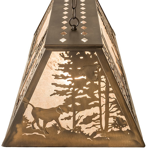 Meyda Lighting Quail Hunter With Dog 48" 6-Light Antique Copper Island Pendant Light With Silver Mica Shade Glass