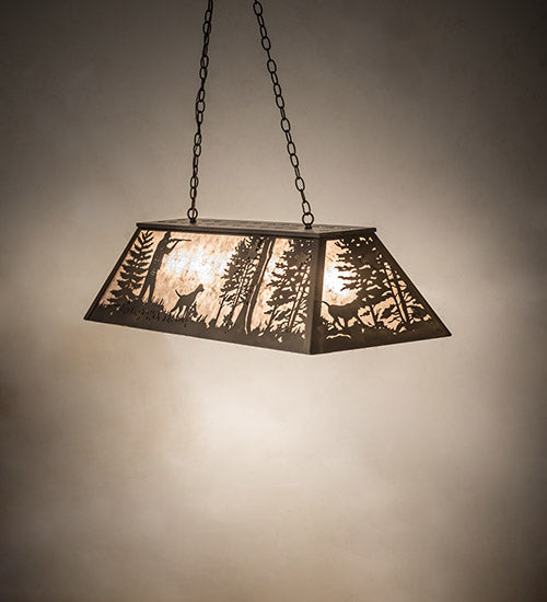 Meyda Lighting Quail Hunter With Dog 48" 6-Light Antique Copper Island Pendant Light With Silver Mica Shade Glass