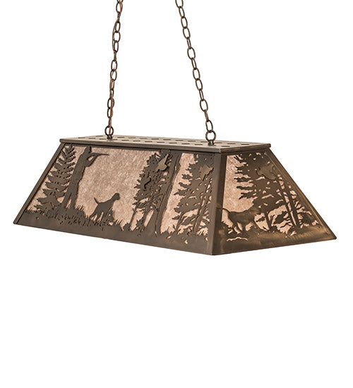 Meyda Lighting Quail Hunter With Dog 48" 6-Light Antique Copper Island Pendant Light With Silver Mica Shade Glass