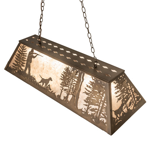 Meyda Lighting Quail Hunter With Dog 48" 6-Light Antique Copper Island Pendant Light With Silver Mica Shade Glass