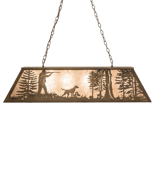 Meyda Lighting Quail Hunter With Dog 48" 6-Light Antique Copper Island Pendant Light With Silver Mica Shade Glass
