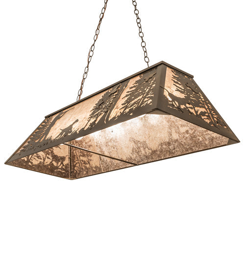 Meyda Lighting Quail Hunter With Dog 48" 6-Light Antique Copper Island Pendant Light With Silver Mica Shade Glass