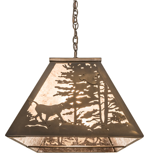 Meyda Lighting Quail Hunter With Dog 48" 6-Light Antique Copper Island Pendant Light With Silver Mica Shade Glass