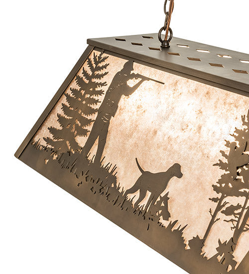 Meyda Lighting Quail Hunter With Dog 48" 6-Light Antique Copper Island Pendant Light With Silver Mica Shade Glass