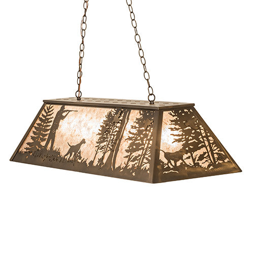 Meyda Lighting Quail Hunter With Dog 48" 6-Light Antique Copper Island Pendant Light With Silver Mica Shade Glass