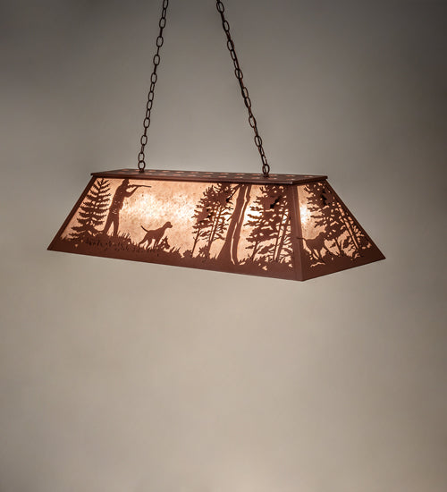 Meyda Lighting Quail Hunter With Dog 48" 6-Light Rust Island Pendant Light With Silver Mica Shade Glass