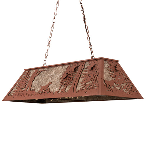 Meyda Lighting Quail Hunter With Dog 48" 6-Light Rust Island Pendant Light With Silver Mica Shade Glass