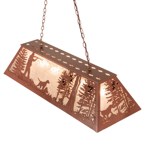 Meyda Lighting Quail Hunter With Dog 48" 6-Light Rust Island Pendant Light With Silver Mica Shade Glass