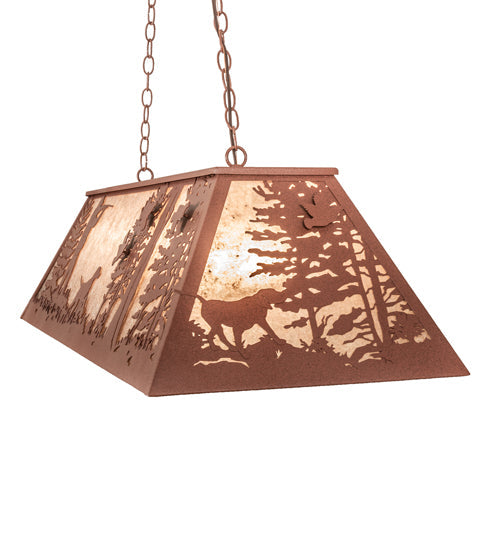 Meyda Lighting Quail Hunter With Dog 48" 6-Light Rust Island Pendant Light With Silver Mica Shade Glass