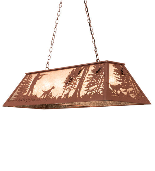 Meyda Lighting Quail Hunter With Dog 48" 6-Light Rust Island Pendant Light With Silver Mica Shade Glass
