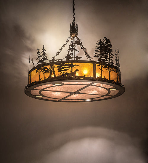 Meyda Lighting Quail Hunter With Dog 50" 16-Light Dark Burnished Antique Copper Inverted Pendant Light With Silver & Amber Mica Shade Glass