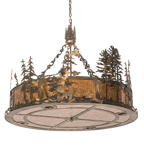 Meyda Lighting Quail Hunter With Dog 50" 16-Light Dark Burnished Antique Copper Inverted Pendant Light With Silver & Amber Mica Shade Glass