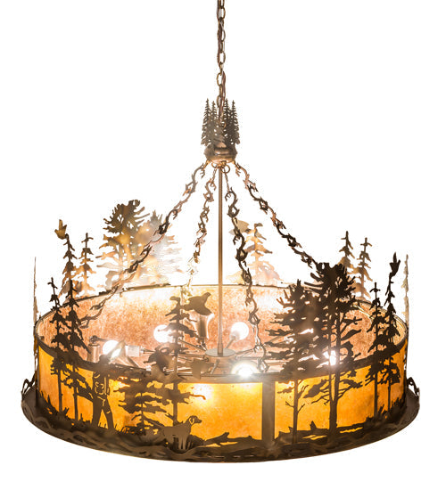 Meyda Lighting Quail Hunter With Dog 50" 16-Light Dark Burnished Antique Copper Inverted Pendant Light With Silver & Amber Mica Shade Glass