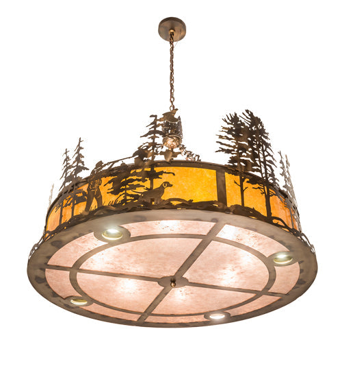 Meyda Lighting Quail Hunter With Dog 50" 16-Light Dark Burnished Antique Copper Inverted Pendant Light With Silver & Amber Mica Shade Glass