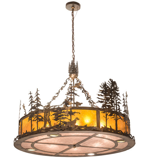 Meyda Lighting Quail Hunter With Dog 50" 16-Light Dark Burnished Antique Copper Inverted Pendant Light With Silver & Amber Mica Shade Glass