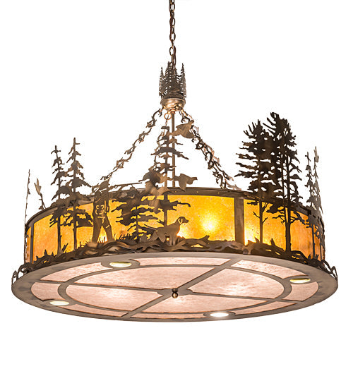 Meyda Lighting Quail Hunter With Dog 50" 16-Light Dark Burnished Antique Copper Inverted Pendant Light With Silver & Amber Mica Shade Glass