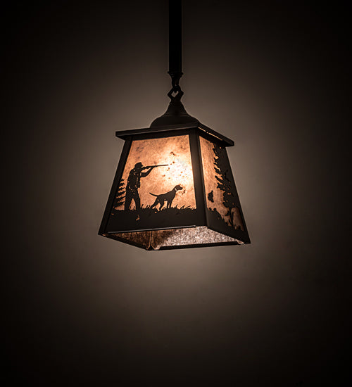 Meyda Lighting Quail Hunter With Dog 8"Sq Timeless Bronze Pendant Light With Silver Mica Shade Glass