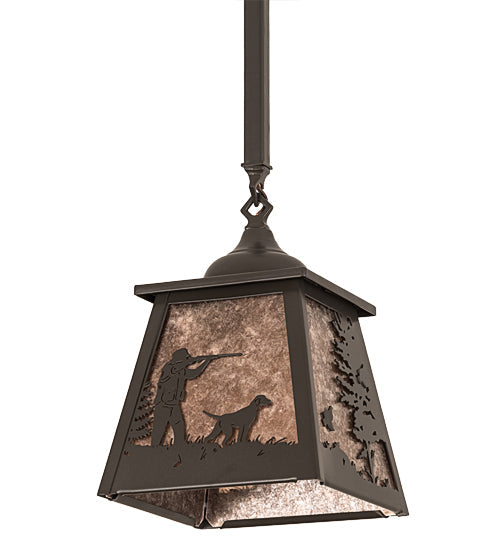 Meyda Lighting Quail Hunter With Dog 8"Sq Timeless Bronze Pendant Light With Silver Mica Shade Glass