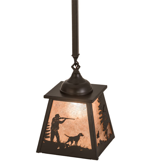 Meyda Lighting Quail Hunter With Dog 8"Sq Timeless Bronze Pendant Light With Silver Mica Shade Glass