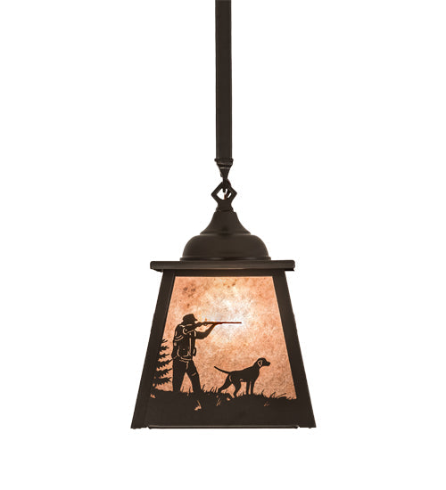 Meyda Lighting Quail Hunter With Dog 8"Sq Timeless Bronze Pendant Light With Silver Mica Shade Glass