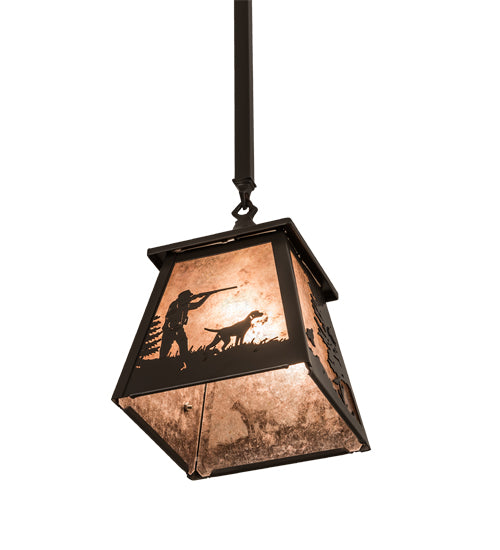 Meyda Lighting Quail Hunter With Dog 8"Sq Timeless Bronze Pendant Light With Silver Mica Shade Glass