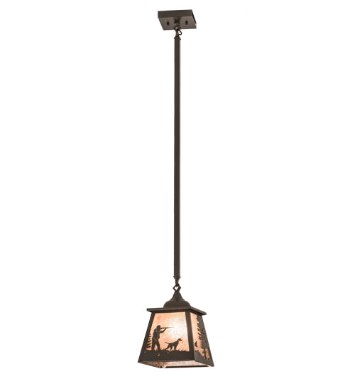 Meyda Lighting Quail Hunter With Dog 8"Sq Timeless Bronze Pendant Light With Silver Mica Shade Glass