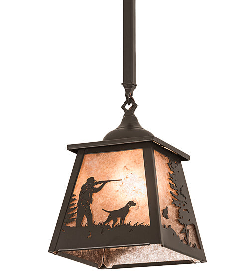 Meyda Lighting Quail Hunter With Dog 8"Sq Timeless Bronze Pendant Light With Silver Mica Shade Glass