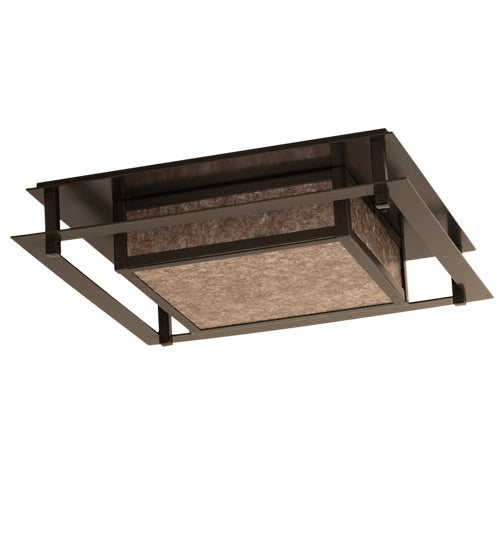Meyda Lighting Quezon 24"Sq 4-Light Timeless Bronze Flush Mount Light With Silver Mica Shade Glass
